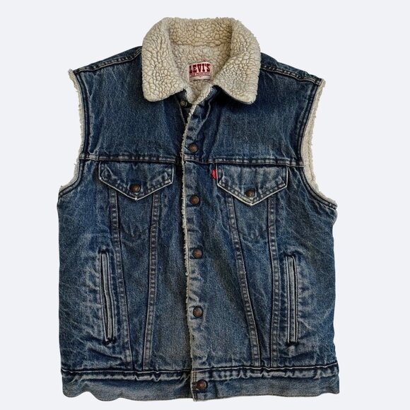 Vtg Levi's Jean Vest Sherpa Denim Faux Shearling Trucker Size M 1980s - Picture 2 of 10